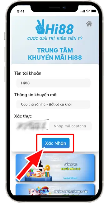 Bước 4: Nhập " Tên tài khoản" → Chọn mã khuyến mãi "CTSH - Cao thủ săn hũ - Bắt cá cừ khôi" → Nhập mã xác thực.